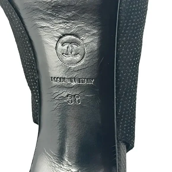 Chanel Tweed Slingback Cap Toe CC Logo Pumps Black Size 38 - Picture 11 of 12
